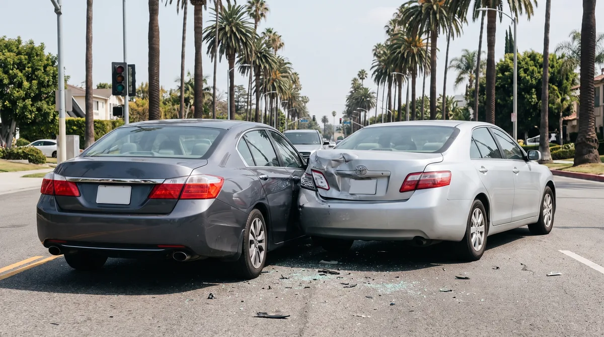 Dos autos chocados por alcance en una intersección de South Gate con palmeras