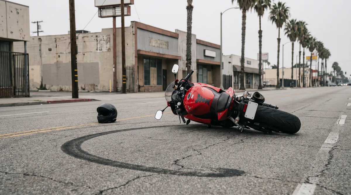 Una motocicleta tirada en el pavimento con un casco cerca tras un choque en South Gate