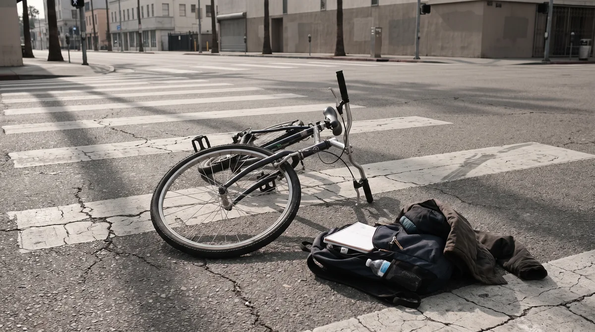 Una bicicleta doblada en un cruce peatonal de South Gate tras un atropello