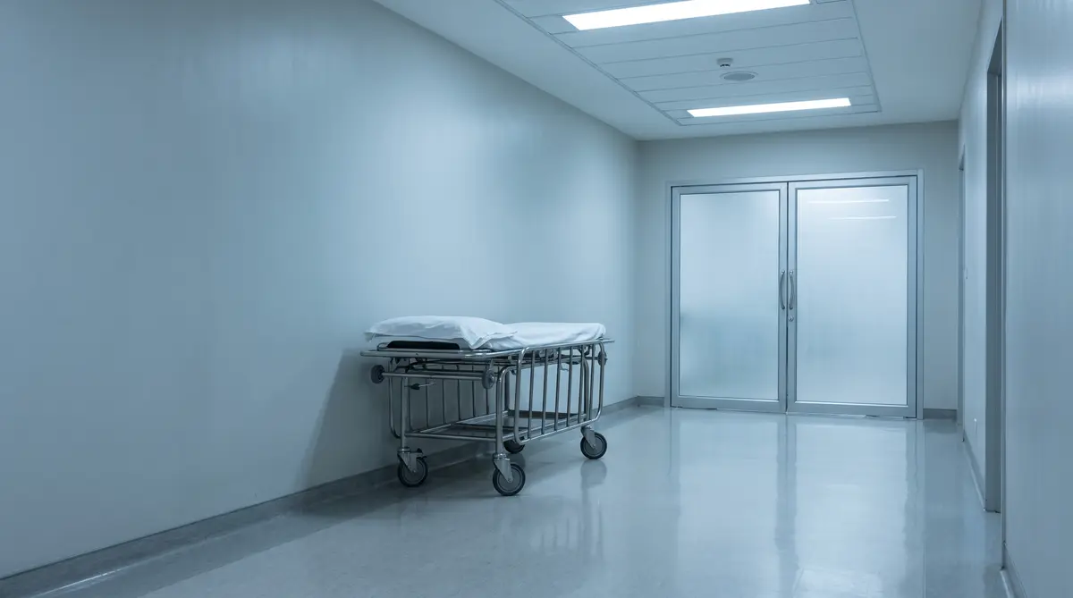 Un pasillo de hospital vacío con una camilla tras un accidente grave