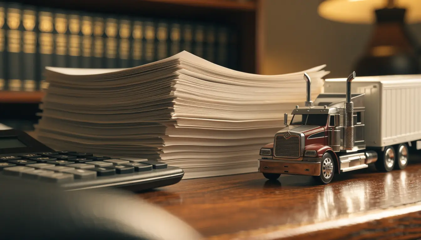 Documentos de reclamo junto a una maqueta de tráiler — cuánto pagan los accidentes de camión