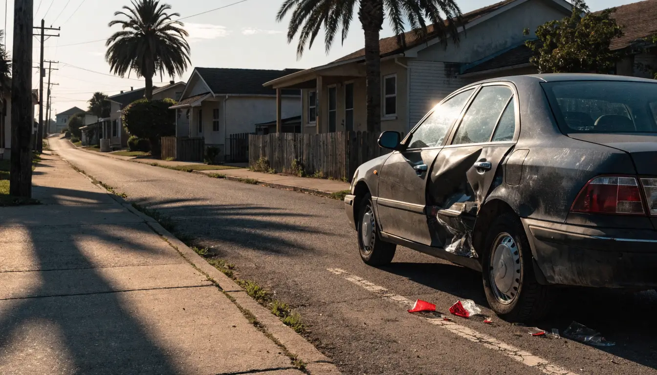 Un carro estacionado con el costado abollado en una calle residencial — chocaron mi carro estacionado en South Gate