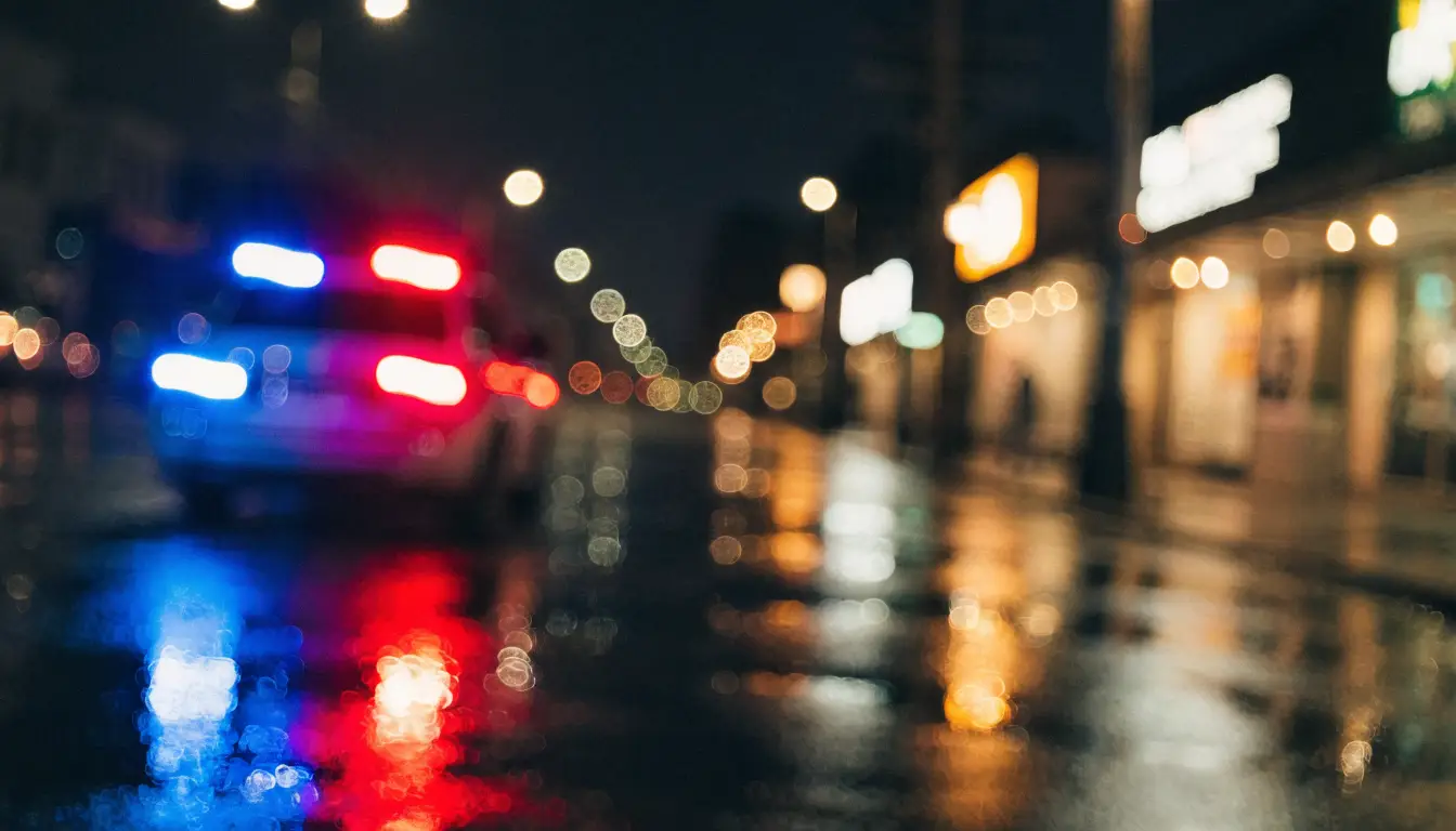 Luces policiacas reflejadas en una avenida de noche — cuando lo choca un conductor borracho en South Gate