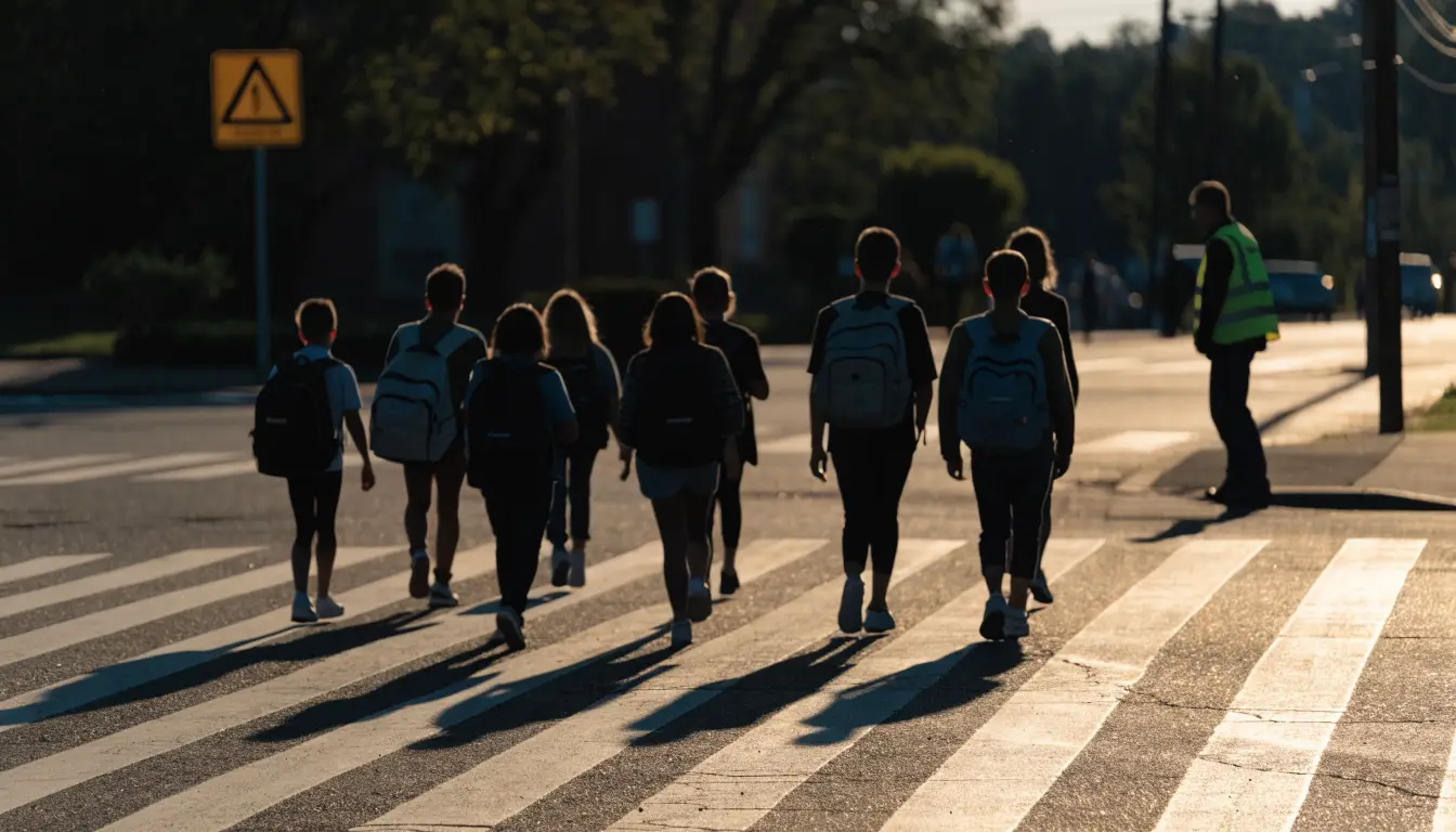 Un cruce escolar con señal de alto y mochilas — la guía de atropellos cerca de escuelas en South Gate