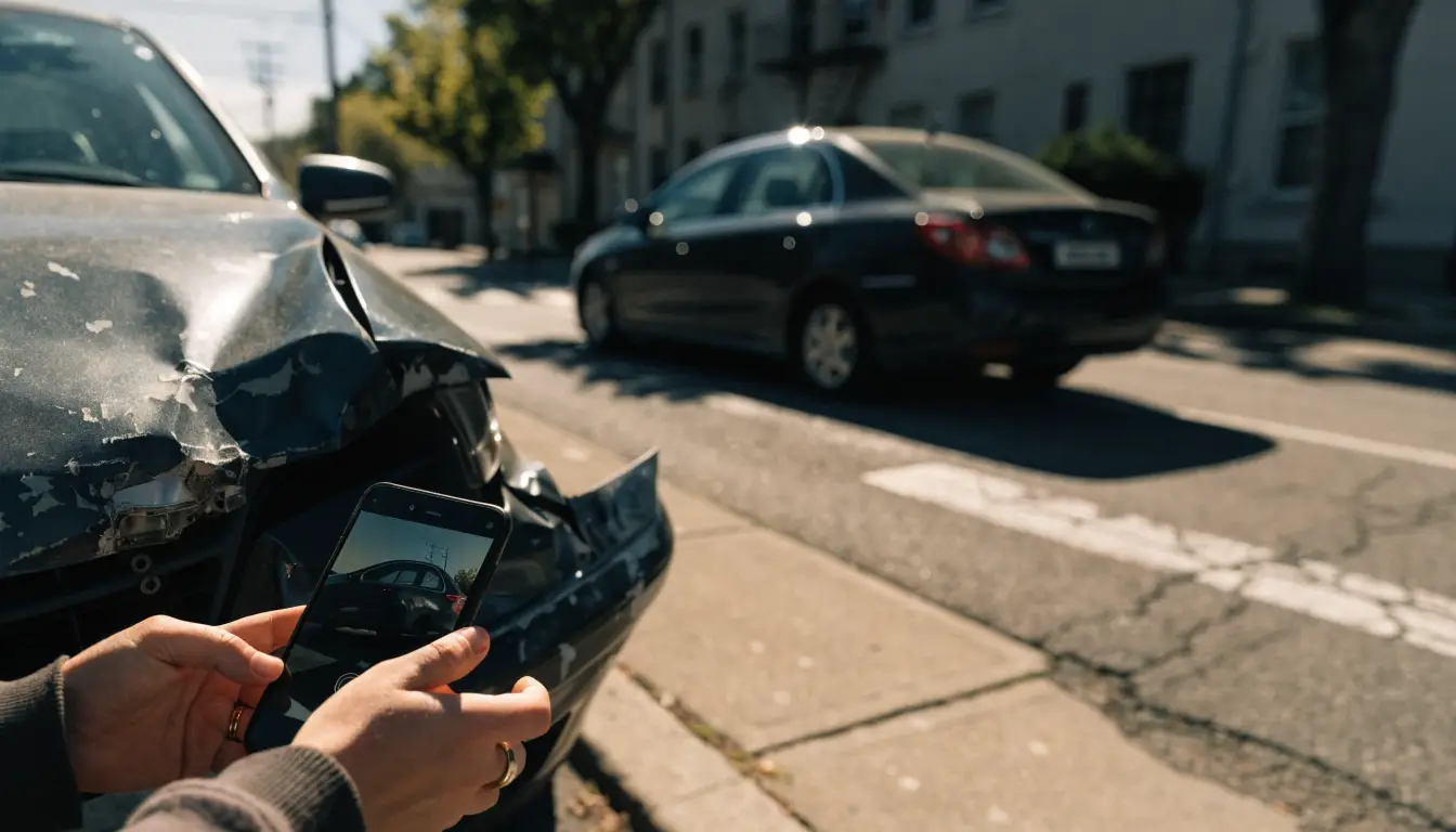 Un teléfono fotografiando daños de un carro — la evidencia que gana casos de accidente en South Gate