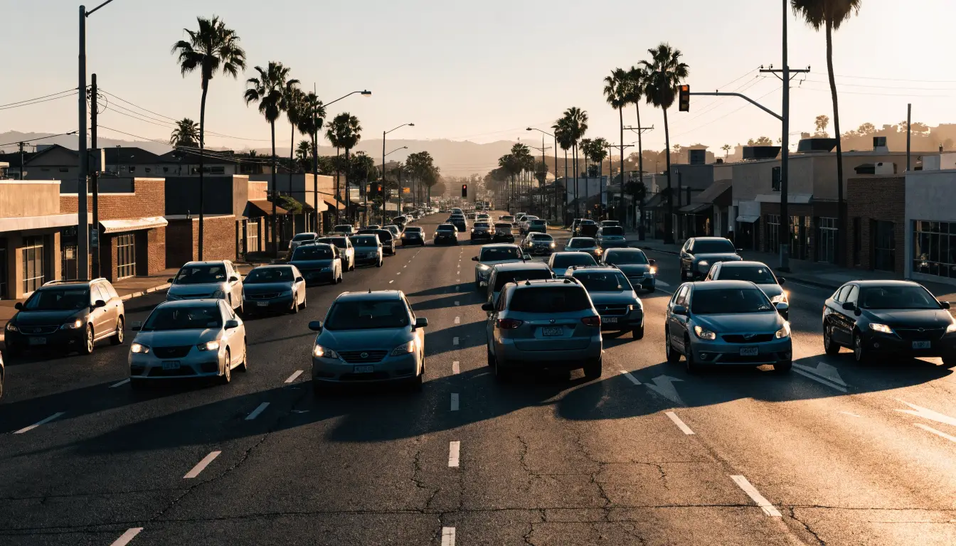 El tráfico de Firestone Boulevard al atardecer en South Gate — la anatomía de la avenida que más choca