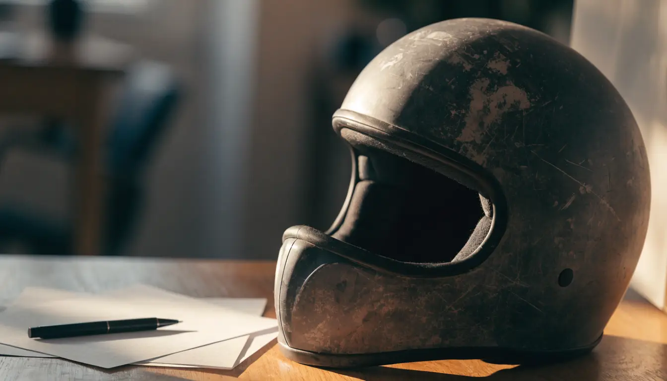 Un casco de motocicleta sobre documentos de reclamo — la indemnización real de los casos de moto