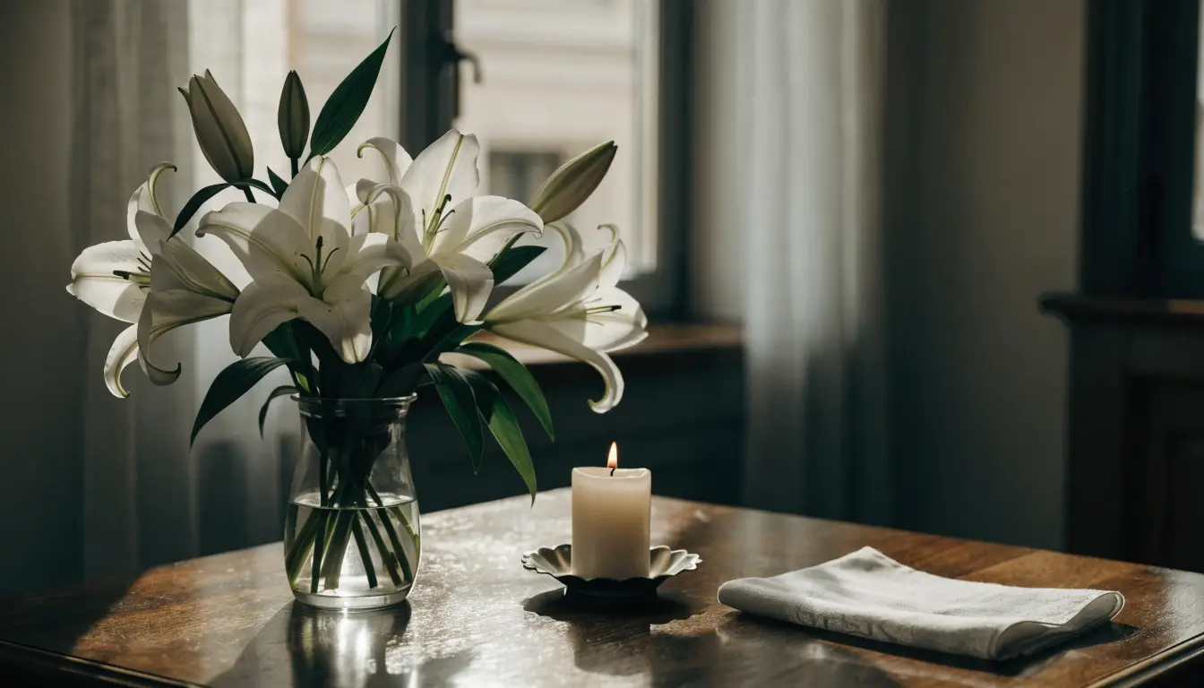 Flores blancas y velas sobre una mesa — la guía de indemnización por muerte en accidente para familias