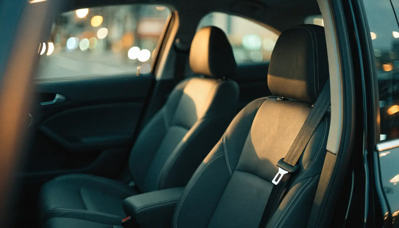 El asiento trasero de un carro visto desde adentro con cinturón puesto — derechos del pasajero de Uber y Lyft
