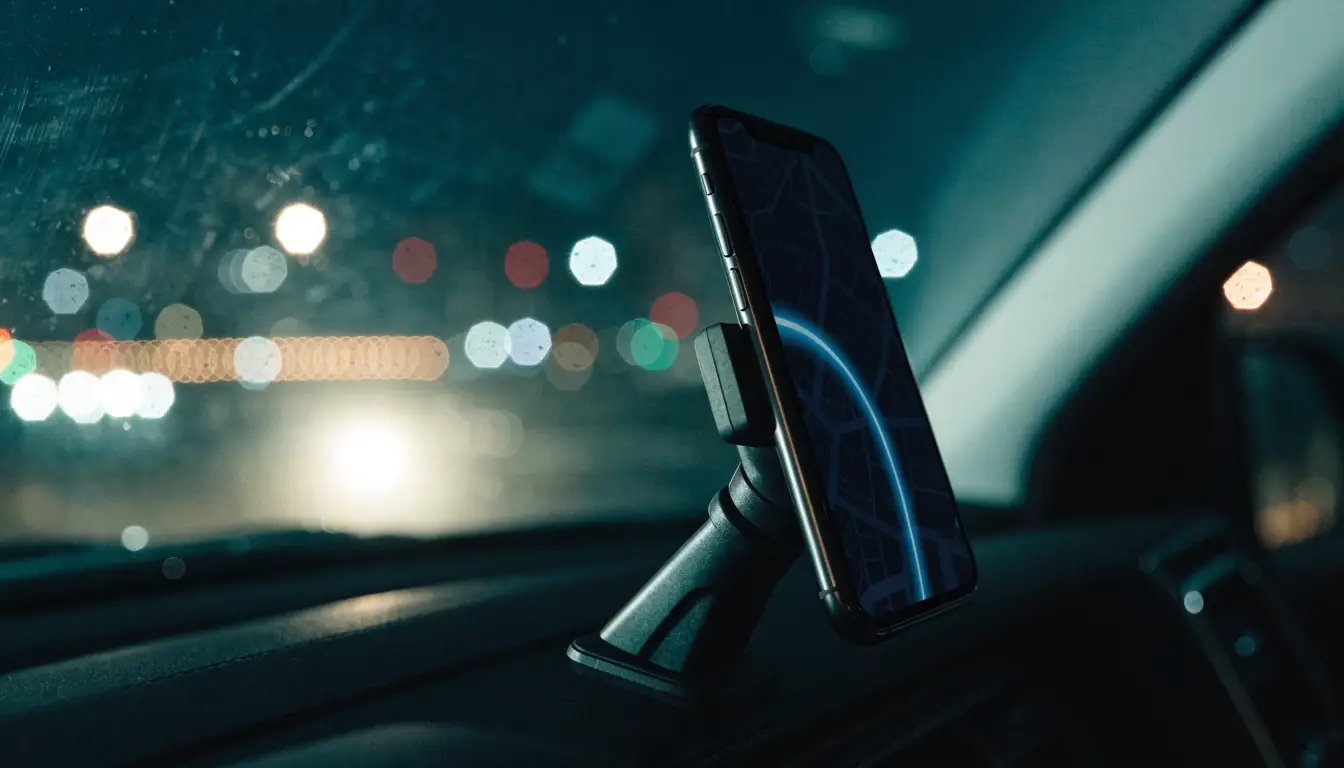 Un teléfono con mapa de viaje montado en un tablero — quién paga en un accidente de Uber en South Gate